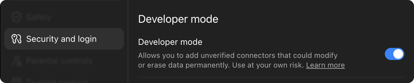 ChatGPT settings, the Security and login section, with the Developer mode switch turned on