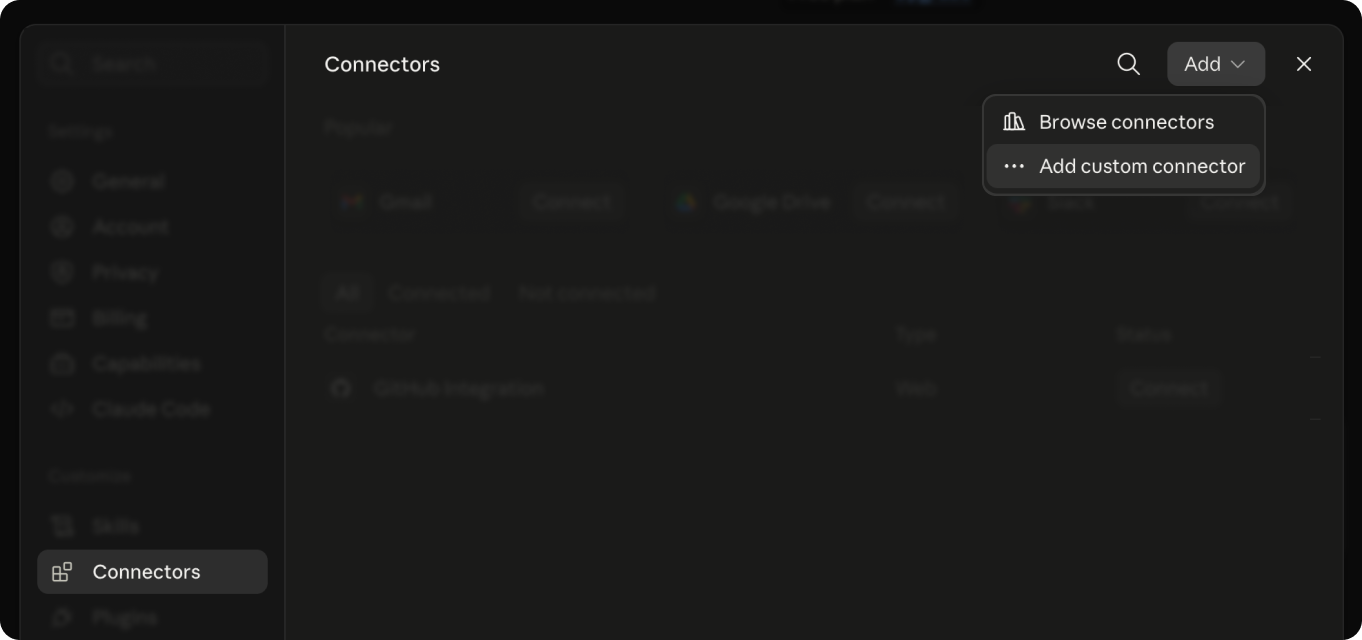 The Connectors panel in Claude with the Add custom connector item open